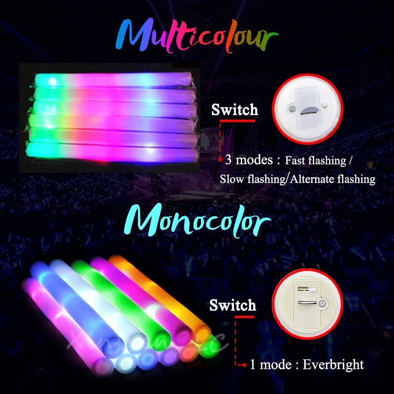 15/30Pcs RGB LED Party Supplies Glow Bulk  Colorful LED Glow Sticks Foam Stick Cheer Tube Dark Light Birthday Wedding